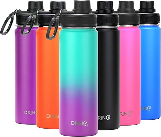 DRINCO Stainless Steel Water Bottle Spout Lid Vacuum Insulated Double Wall Water Bottle Wide Mouth (40oz 32oz 22oz 18oz 14oz) Leak Proof Keeps Cold or Hot (22 oz, 22oz Ombre Fuschia Teal)-PawvioPets