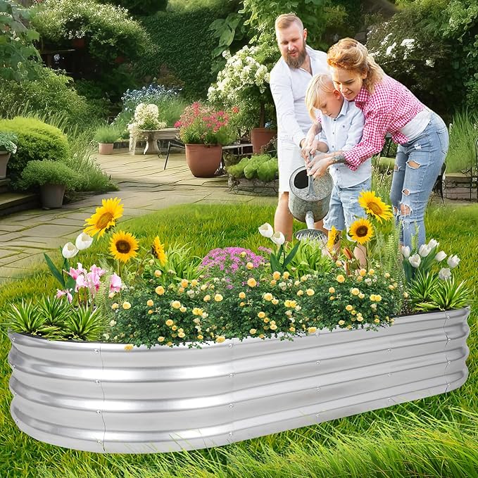 1MORE Galvanized Raised Garden Bed- Planter Garden Boxes Outdoor, Raised Beds for Gardening, 6x3x1ft Metal Garden Bed Kit for Vegetables Flower, Planter Raised Bed with Protective Tape & Tools.Silver-PawvioPets