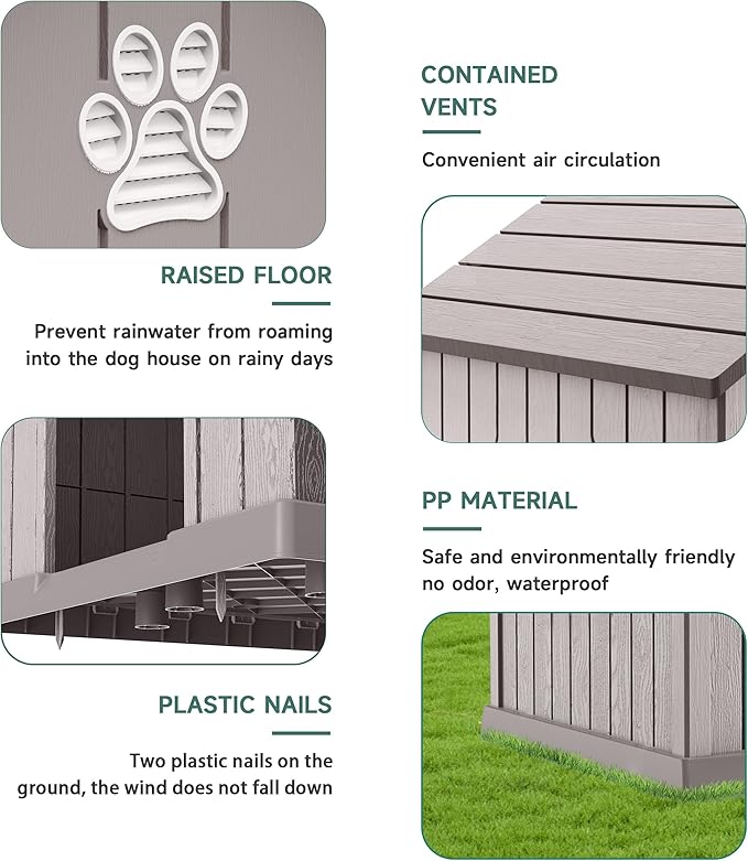 DRATO Indoor Outdoor Waterproof Dog House,PP Material,Puppy Shelter with Air Vents and Elevated Floor,Sturdy Dog Kennel for Small to Large Sized Dogs, Easy to Assemble (Gray, 38.62×36.26×38.07 Inches)-PawvioPets