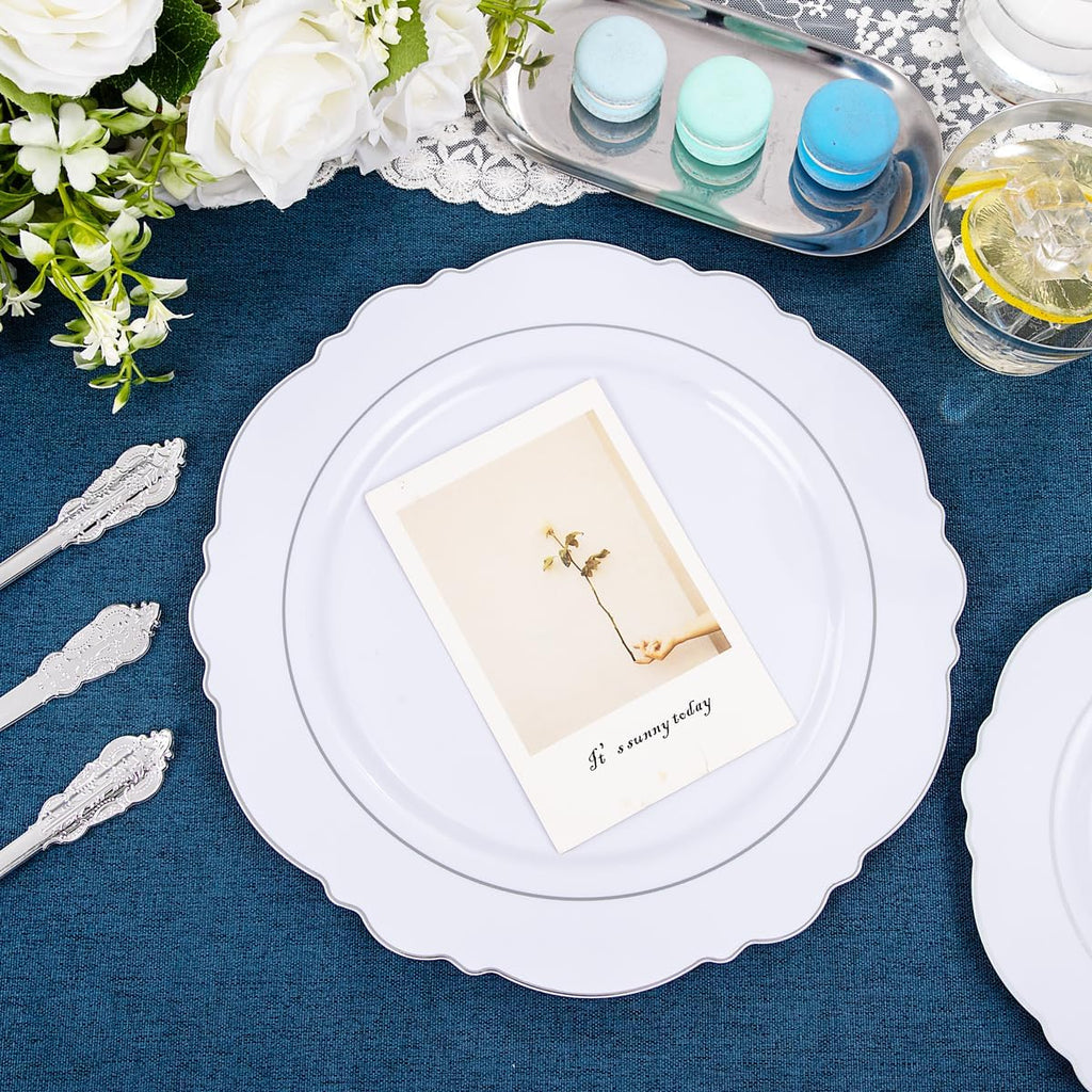 Liacere 350PCS Silver Plastic Plates-Disposable White and Silver Plates 50guest Baroque Plastic Dinnerware Set include 100Plates, 50Pack Pre Rolled Napkins with Silverware 50Cups Perfect for Chrismas