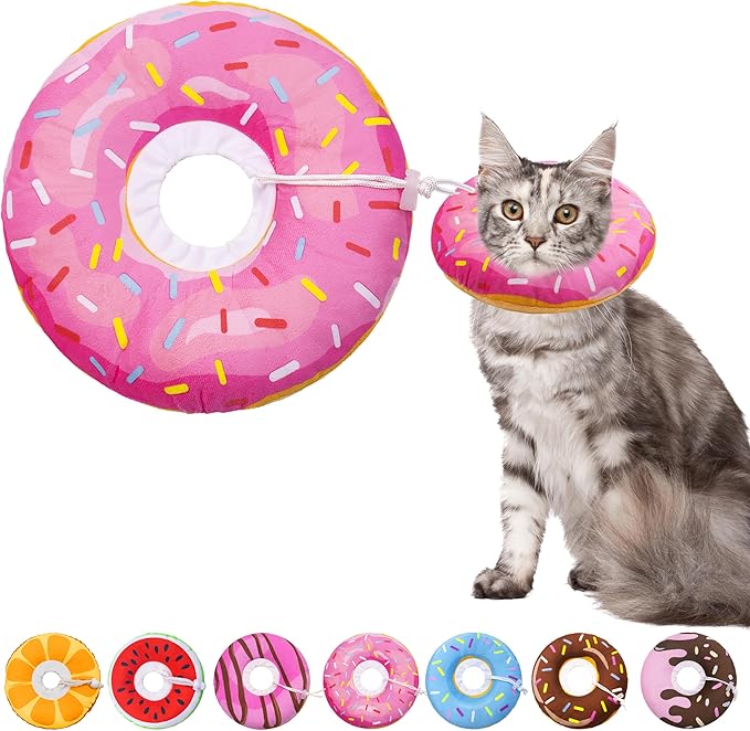 Cat Cone Soft Collar, Adjustable Cat Recovery Collars Kitten Cones to Stop Licking, Cute Donut Neck Collar After Surgery, Elizabethan Kittens Protective Cones After Spay (Donut Pink, Medium)-PawvioPets