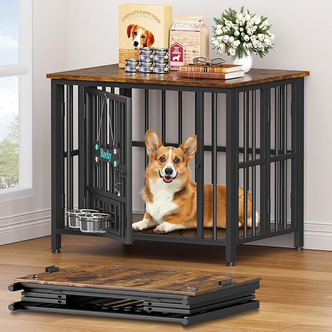 Easycom 31" Dog Crate Furniture Foldable, No Assembly Decorative Dog Kennel Indoor, Dog Crates for Small Dogs (20-40 lbs), Wooden Dog Cage with Adjustable Bowls and Name Tag, End Table, Rustic Brown-PawvioPets