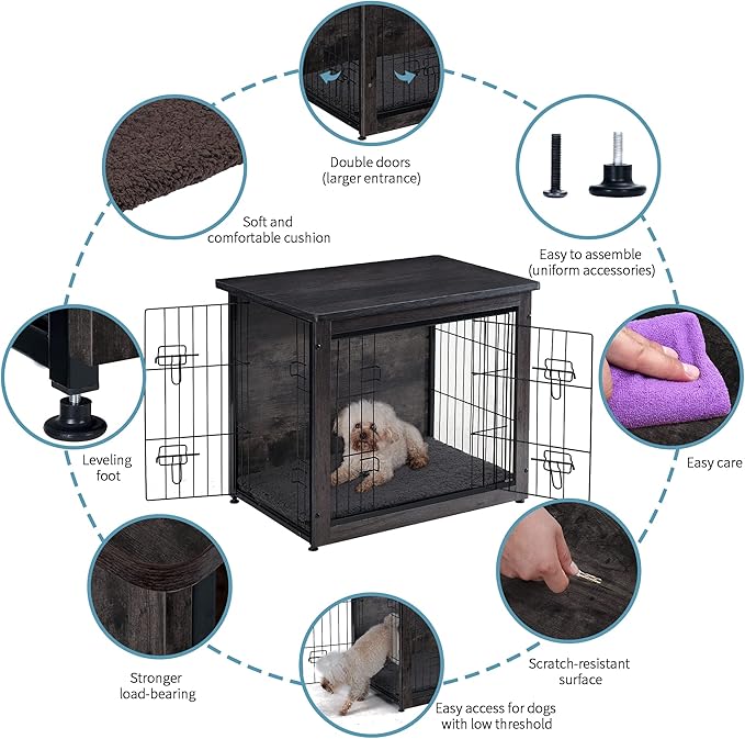 DWANTON Dog Crate Furniture with Cushion, Wooden Kennel Table with Double Doors, Indoor Dog House, Small/Medium/Large/Extra Large Size, 27.2" L, Dark Gray-PawvioPets