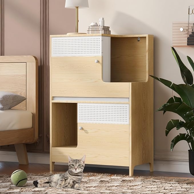 Cat Litter Box Enclosure Furniture Hidden Indoor 2-in-1 Wooden Cat House & Washroom Cabinet with Drawer for 2 Cats, 31.4"x15.7"x44.8"H-PawvioPets