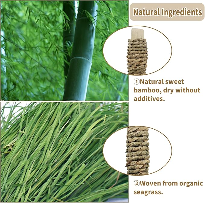 Fhiny 18 PCS Guinea Pig Chew Toys, Natural Seagrass Sweet Bamboo Molar Sticks for Teeth Bunny Chew Toys Cage Accessories for Rabbit Bunny Guinea Pig Chinchilla Hamster-PawvioPets