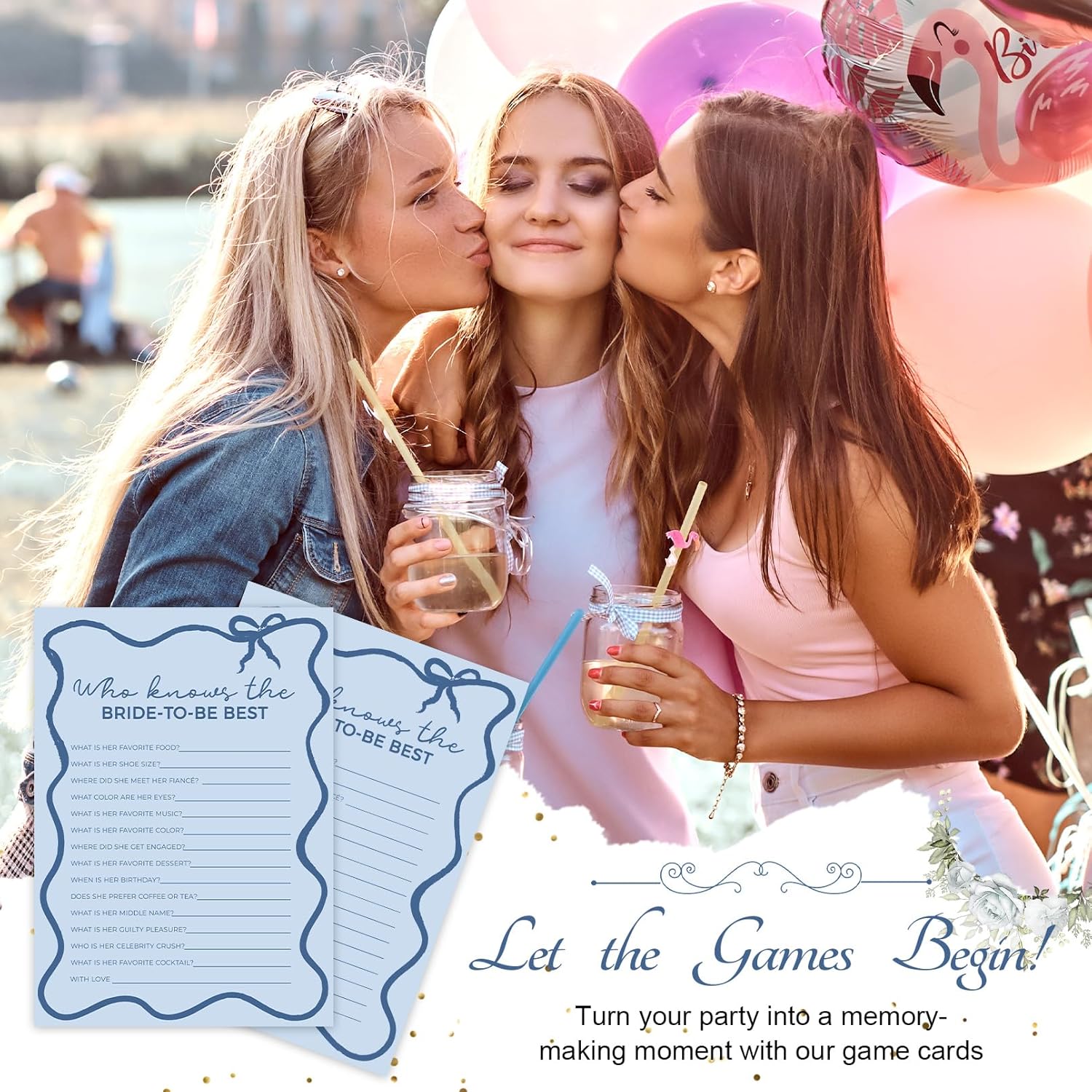 DEEKA 30 PCS Bridal Shower Games Card for 30 Guests Blue Wavy Border Ribbon Bow Funny Wedding Bachelorette Party Games for Reception (Who Knows The Bride-to-be Best)