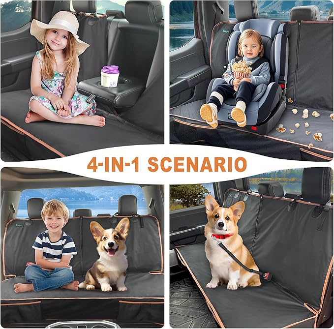Dog Car Seat Cover for Back Seat, Waterproof PU Leather Bench Seat Covers for Trucks Ford F 150/Ram 1500/Chevy Silverado/GMC Covers, Non-Slip Back seat Pet Cover for Dogs in Car, Easy to Use and Clean-PawvioPets