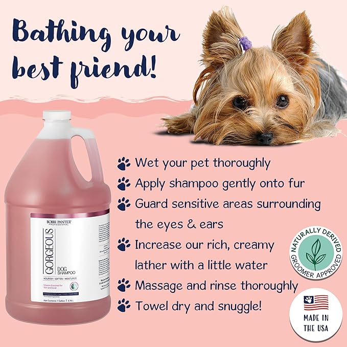 Bobbi Panter Gorgeous Dog Shampoo for Natural Brightening & Whitening, Naturally Derived Ingredients, Tear-Free, Salt-Free, Paraben-free, pH-Balanced, Peach Scent, 20:1 Concentrated Formula, 13 oz-PawvioPets