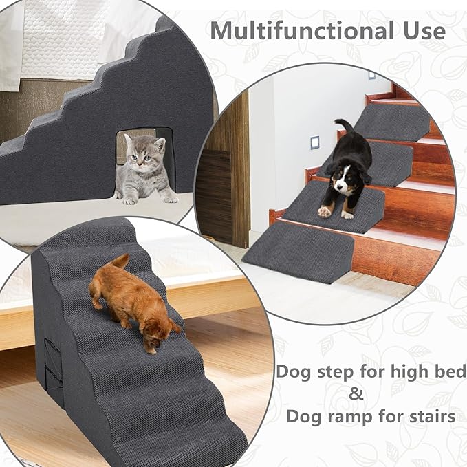 Dog Stairs for High Beds 30-36 inches Tall, 7-Step Pet Stairs/Steps for Small Large Dogs, 30D Foam Pet Steps/Ramp/Ladder for High Bedsides, with 4pcs Dog Ramp for Stairs, Dark Grey-PawvioPets