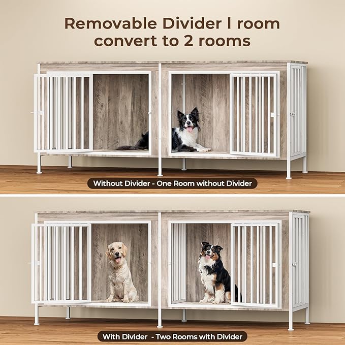 78 Inch Dog Cage Furniture for 2 Large/Medium Dogs with Removable Divider, Extra Large Double Doors Dog Kennel, XXL Thick Wooden Dog cage Furniture, Durable and Sturdy, Beige-PawvioPets