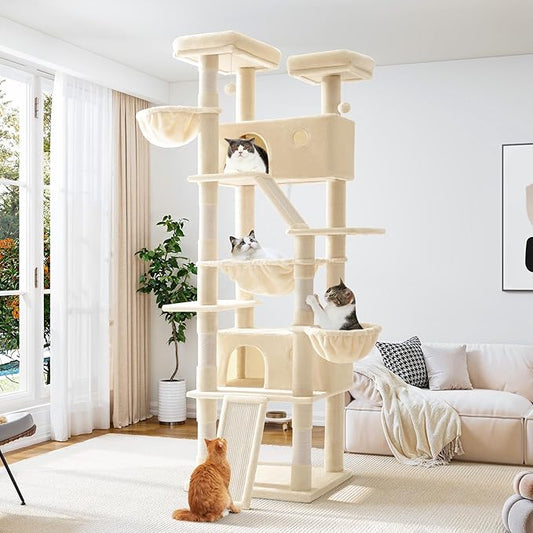 Allewie 81 Inches Tall Cat Tree/Multi-Level Large Climbing Tree House and Towers for Big Feline/Condo and Hammock/Scratching Post/Wide Base/Beige-PawvioPets