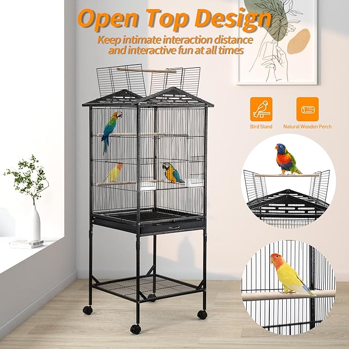 Bird Cage 47 inch Wrought Iron Parakeets Cage with Play Open Top and Rolling Stand Medium Small Bird Cage for Parrots, Budgerigars, Parakeets, Cockatiels, Lovebirds-PawvioPets