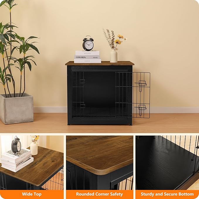 DWANTON Dog Crate Furniture with Cushion, Wooden Kennel Table with Double Doors, Indoor Dog House, Small/Medium/Large Size, 27.2" L, Black+Warm Brown-PawvioPets