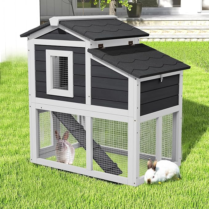 2 Story Rabbit Cage, Weatherproof Rabbit Hutch Indoor & Outdoor, Wooden Guinea Pig Cages with Removable Tray Openable Roof for Small to Medium Animals-PawvioPets