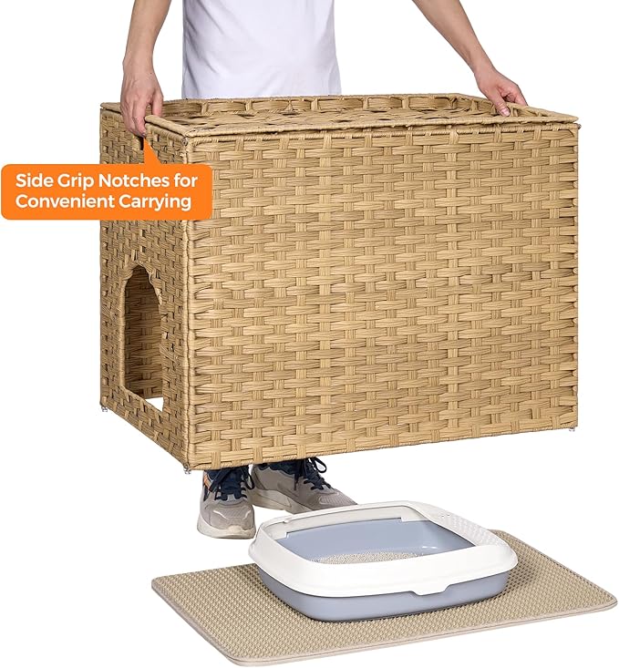 Cat Litter Box Enclosure with Litter Trapping Mat; Handwoven Plastic Rattan Cat House; No Installation Hidden Cat Washroom; Pet Crate for Balcony,Bedroom,Living Room-PawvioPets