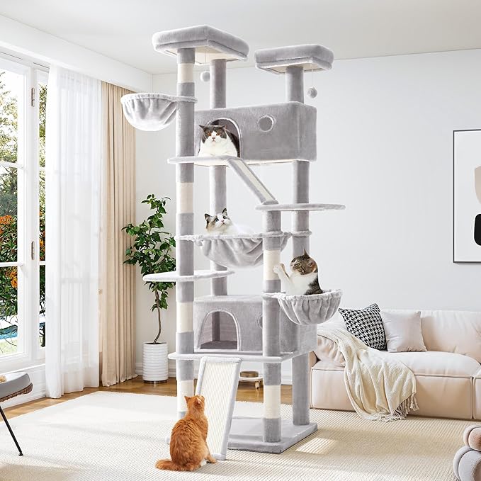 Allewie 81 Inches Tall Cat Tree/Multi-Level Large Climbing Tree House and Towers for Big Feline/Condo and Hammock/Scratching Post/Wide Base/Grey-PawvioPets