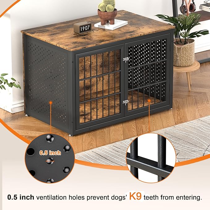 48" Rustic Heavy Duty Dog Crate Furniture for Extra Large Dogs, Metal Kennel for High Anxiety Dogs, Wooden Cage Furniture Indoor, Decorative Dog Kennel End Table, XL-PawvioPets