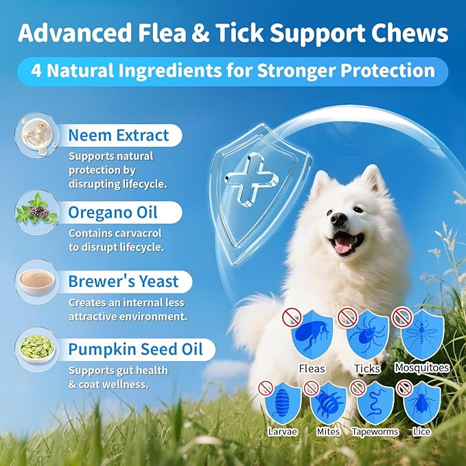 Dog Flea and Tick Support Chewable, Natural Dog Flea Comfort Supplement, Oral Chews with Neem, Oregano Oil, Pumpkin Seed Oil & Brewer's Yeast – 135 Soft Chews, Beef Flavor – for All Breeds & Sizes-PawvioPets