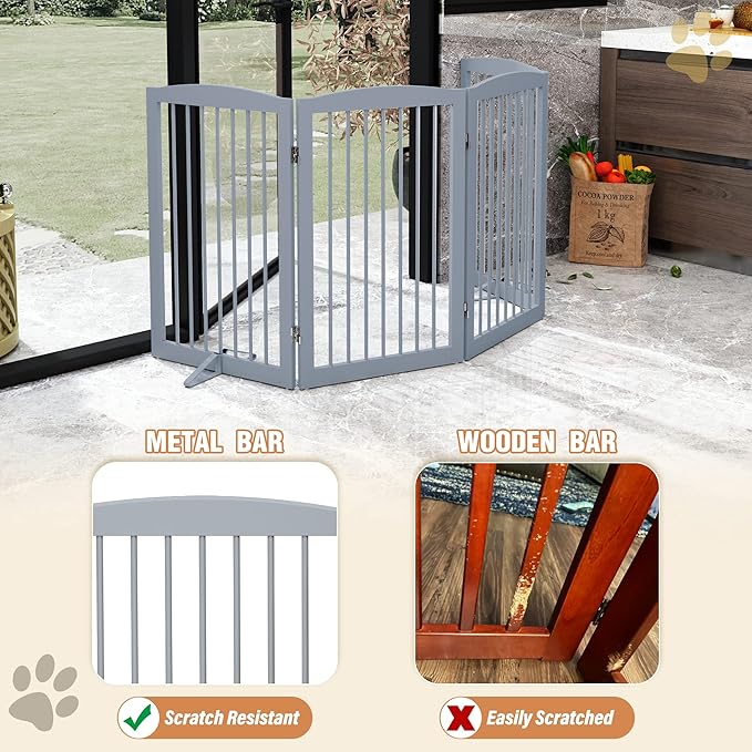 Freestanding Wooden Pet Gate - Foldable Indoor Dog Gate, 80 Inch Wide, 4 Panels, Grey-PawvioPets