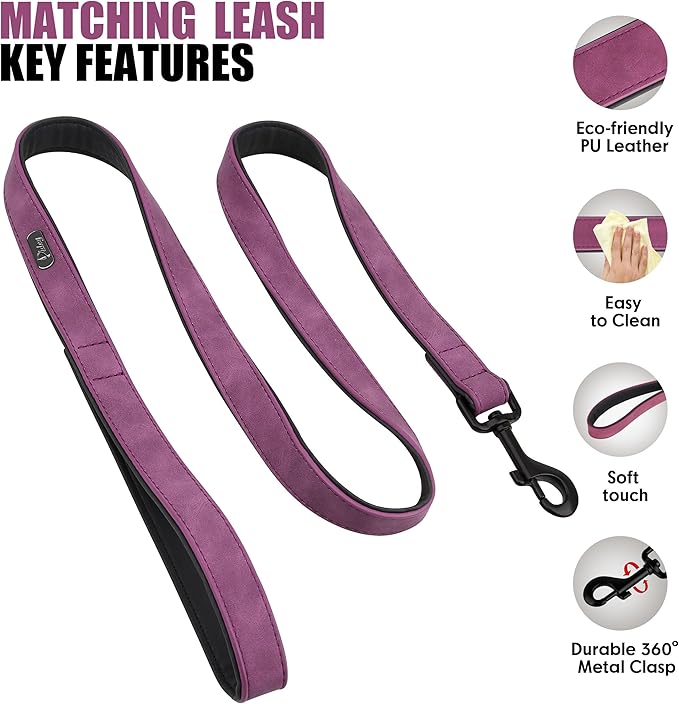 Didog Soft Padded Leather Dog Collar and Leash Set, Heavy Duty Dog Leash and Collar Set with Metal Buckle, Breathable Dog Collars with 4FT Leather Dog Leash for Small Medium Large Dogs, Purple, L-PawvioPets