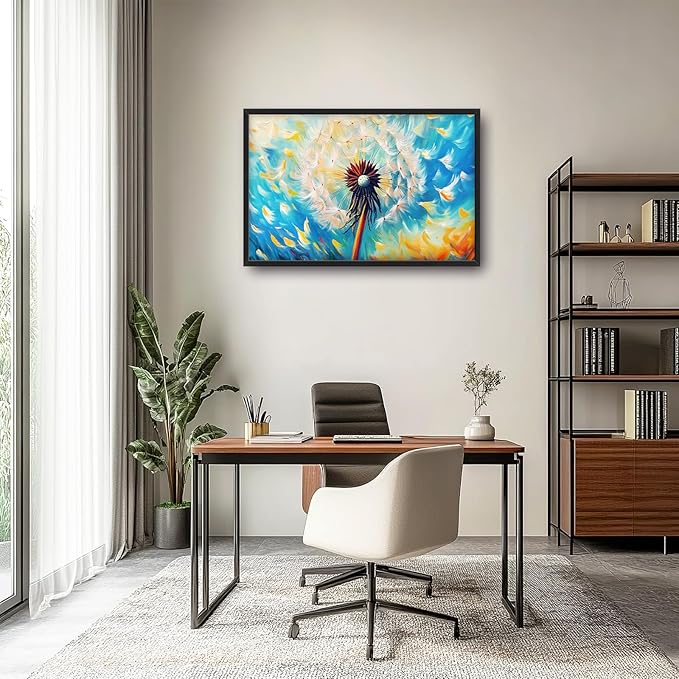 Extra Large Abstract Dandelion Framed Wall Art for Living Room,Oversized Colorful Dandelion Flower Pictures Wall Decor,Blue Canvas Print Painting Modern Artwork Bedroom Office Bathroom 36L" x 24W"-PawvioPets