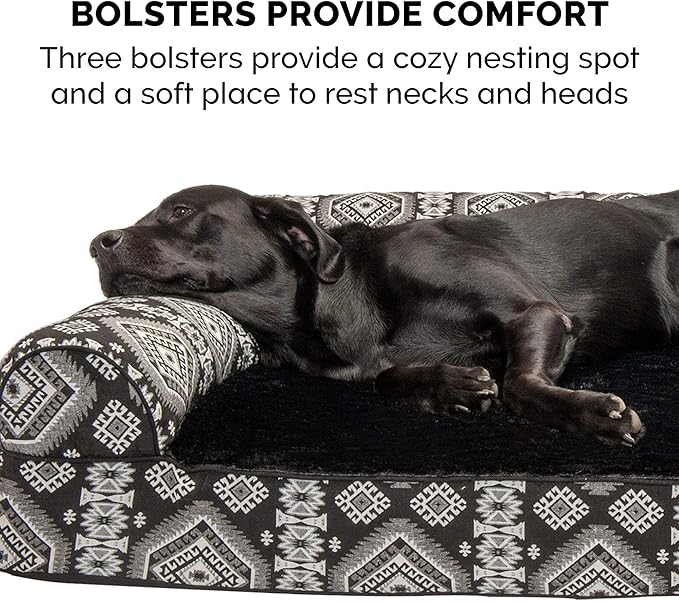 Furhaven Orthopedic Dog Bed for Large Dogs w/ Removable Bolsters & Washable Cover, For Dogs Up to 95 lbs - Plush & Southwest Kilim Woven Decor Sofa - Black Medallion, Jumbo/XL-PawvioPets