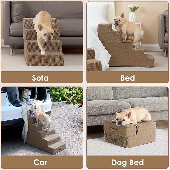 EHEYCIGA Dog Stairs for High Bed 22.5" H, 5-Step Dog Steps for Bed, Pet Steps for Small Dogs and Cats, Non-Slip Balanced Pet Ramp Indoor, Camel-PawvioPets
