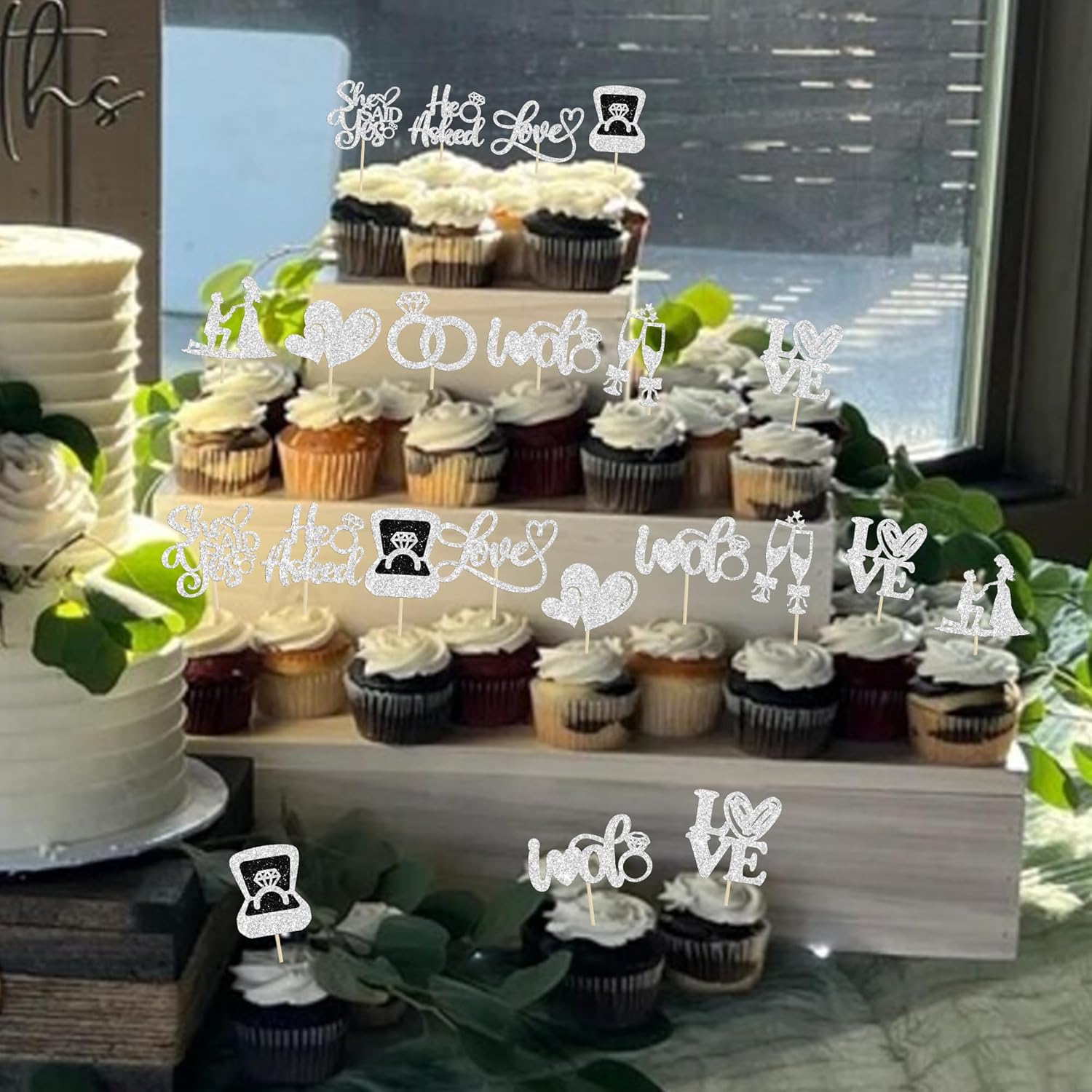 Ephlyn 30Pcs He Asked She Said Yes Cupcake Toppers Glitter Engagement Cupcake Toppers Diamond Ring Heart Love I Do Cupcake Picks for Engagement Wedding Party Cake Decorations Silver