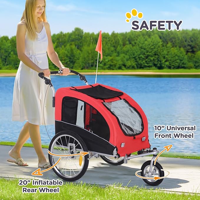 Aosom Dog Bike Trailer 2-in-1 Pet Stroller with Canopy and Storage Pockets-PawvioPets