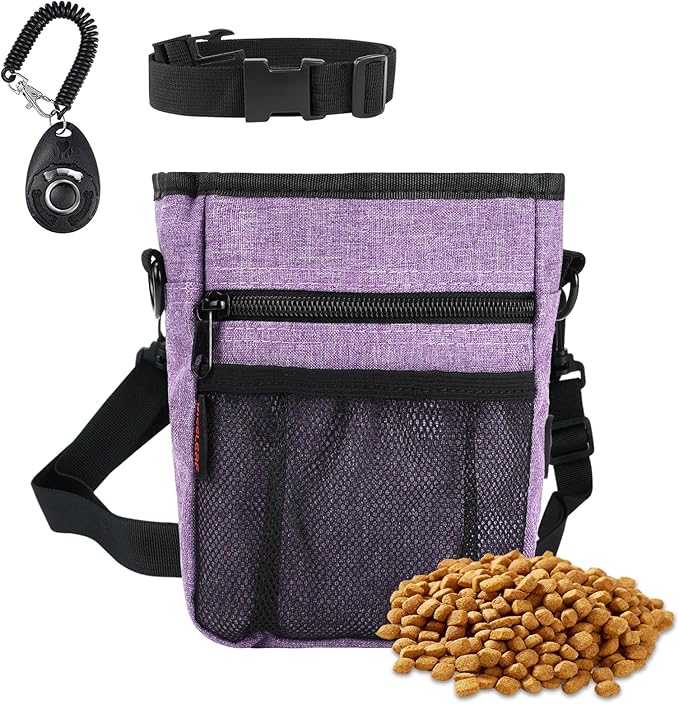 Dog Treat Pouches for Pet Training with Magnetic Closure Treat Pouches for Pet Training,Large Dog Treat Training Pouch and Dog Clicker,Training Treat Pouch Built-In Poop Bag Dispenser-Purple.-PawvioPets