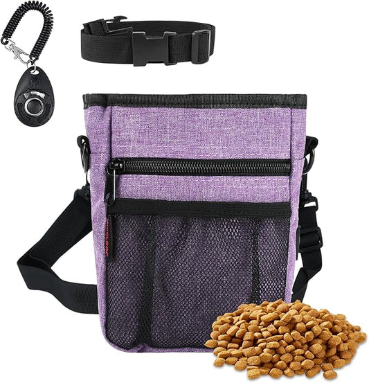 Dog Treat Pouches for Pet Training with Magnetic Closure Treat Pouches for Pet Training,Large Dog Treat Training Pouch and Dog Clicker,Training Treat Pouch Built-In Poop Bag Dispenser-Purple.-PawvioPets