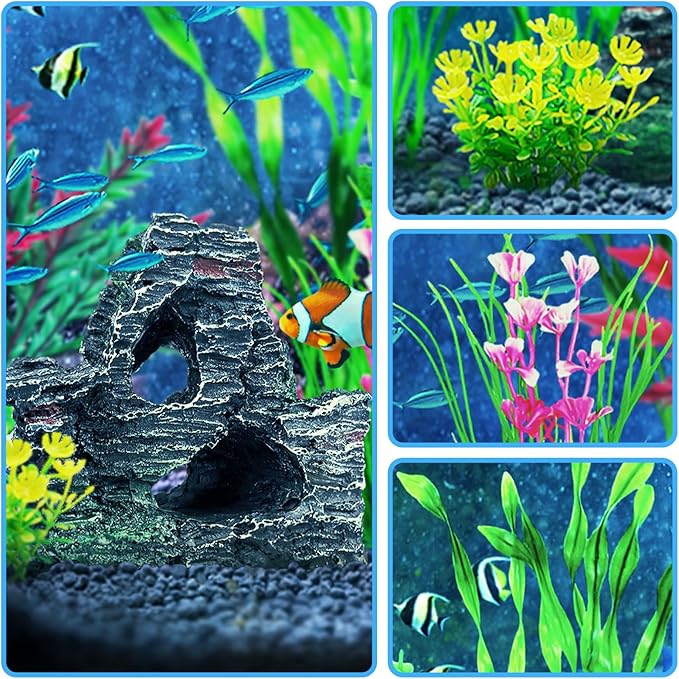 Fish Tank Accessories Aquarium Plants, 12pcs Colorful Fish Tank Artificial Plants and Cave Rock Decor Set, Aquarium Decorations Plants-PawvioPets