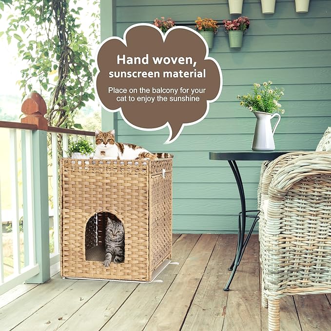 Cat Litter Box Enclosure with Soft Litter Mat; Hidden Cat Washroom Furniture with Door; Handwoven Rattan Kitten House with Large Space; Pet Crate for Living Room, Bedroom, Balcony (Natural)-PawvioPets