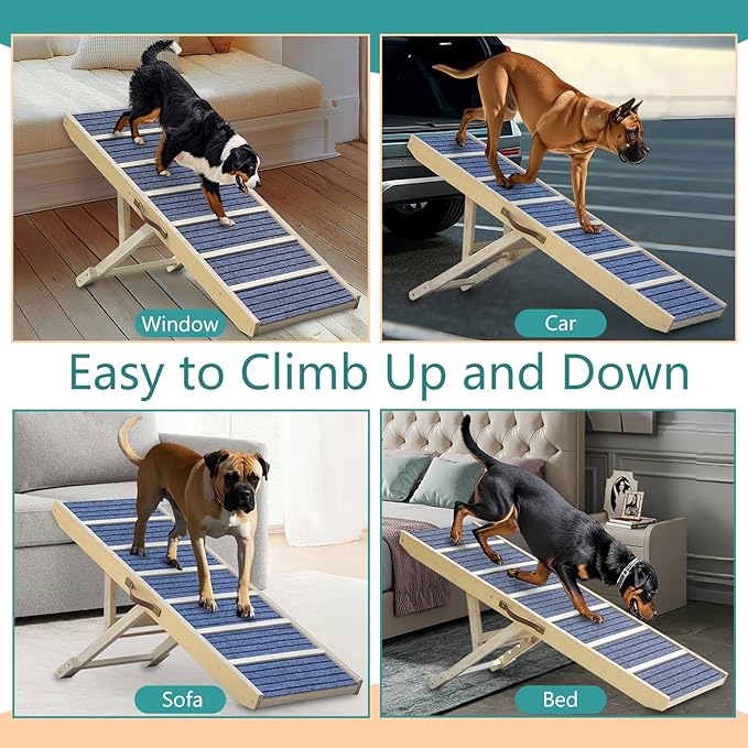 Dog Ramp for Bed, Upgraded 46.8" Long Portable Dog Ramp for Couch, Wood Folding Pet Ramp for All Breeds Large Old Dogs to Get on Bed, 5 Adjustable Heights 14.8" to 26.2" (Wood, Up to 150lbs)-PawvioPets