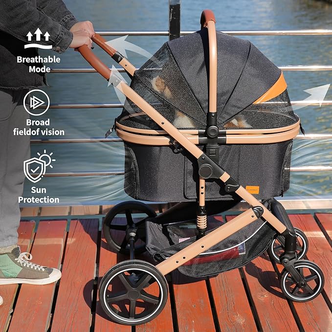 EchoSmile 4 in 1 Pet Stroller, Folding Lightweight Cat & Dog Stroller with Detachable Carrier, NO-Zip 180° Reversible Canopy, All Terrain 4-Wheel,45 lbs Capacity for Small to Medium Dogs-PawvioPets