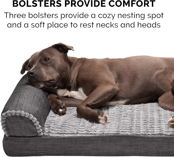 Furhaven Cooling Gel Dog Bed for Large Dogs w/ Removable Bolsters & Washable Cover, For Dogs Up to 95 lbs - Luxe Faux Fur & Performance Linen Sofa - Charcoal, Jumbo/XL-PawvioPets