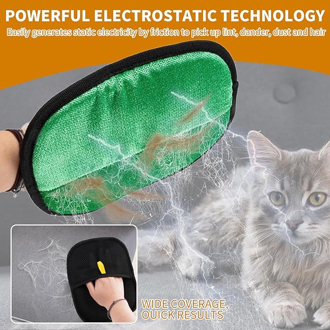 2PCS Electrostatic Pet Grooming Gloves, Reusable Hair Remover for Dog Cat Fur on Clothes Furniture Car Seat/Green-PawvioPets