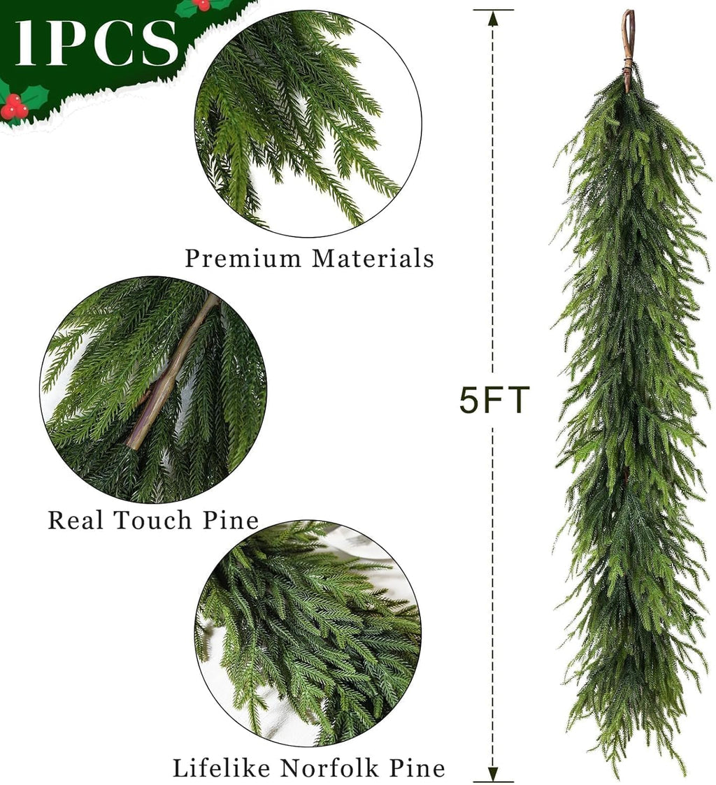 5FT Christmas Artificial Norfolk Pine Garland for Fireplace - Realistic Faux Greenery Fake Garland for Holiday,Table, Window,Mantel,Stairs, Home,Indoor Outdoor Decor (1PCS)
