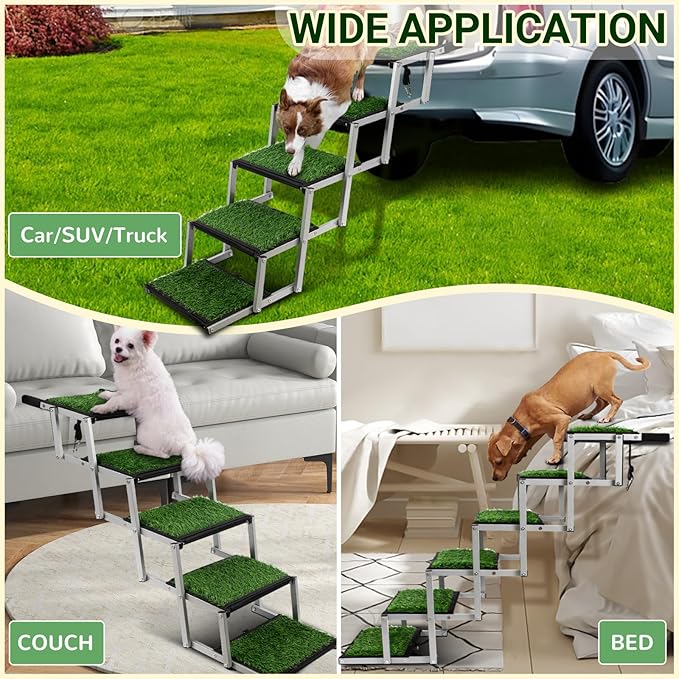 Dog Stairs for Car, Portable Folding Dog Ramps,Dog Steps for Large Dogs with Non-Slip Grass Rug for Cars, SUV, Trucks, Lightweight Pet Ramp Supports Up to 200 lb, 6 Steps-PawvioPets
