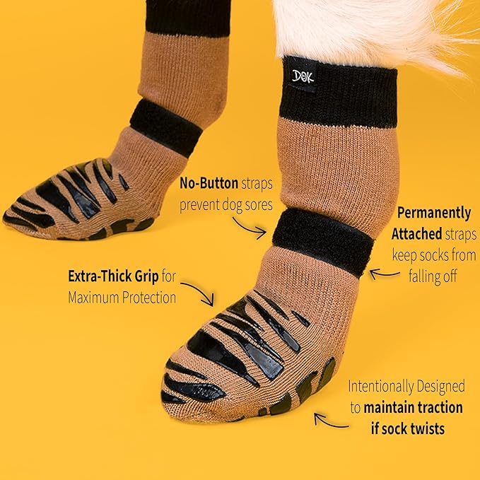 DOK TigerToes Premium Non-Slip Dog Socks for Hardwood Floors - Extra-Thick Grip That Works Even When Twisted - Prevents Licking, Slipping, and Great for Dog Paw Protection (Cool Caramel, X-Small)-PawvioPets