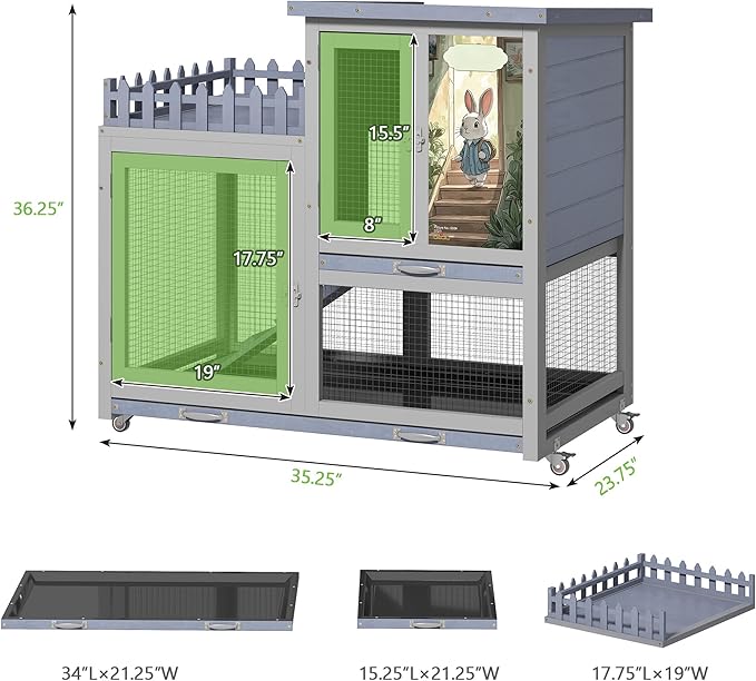 COZIWOW Double Layers Durable 38In Rabbit Hutch Indoor on Wheels, Small Animal Houses Habitat, Rolling Large Bunny Cage Outdoor with Removable Tray, Ramp, Two Story Bunny Cage（Grey with Pattern）-PawvioPets