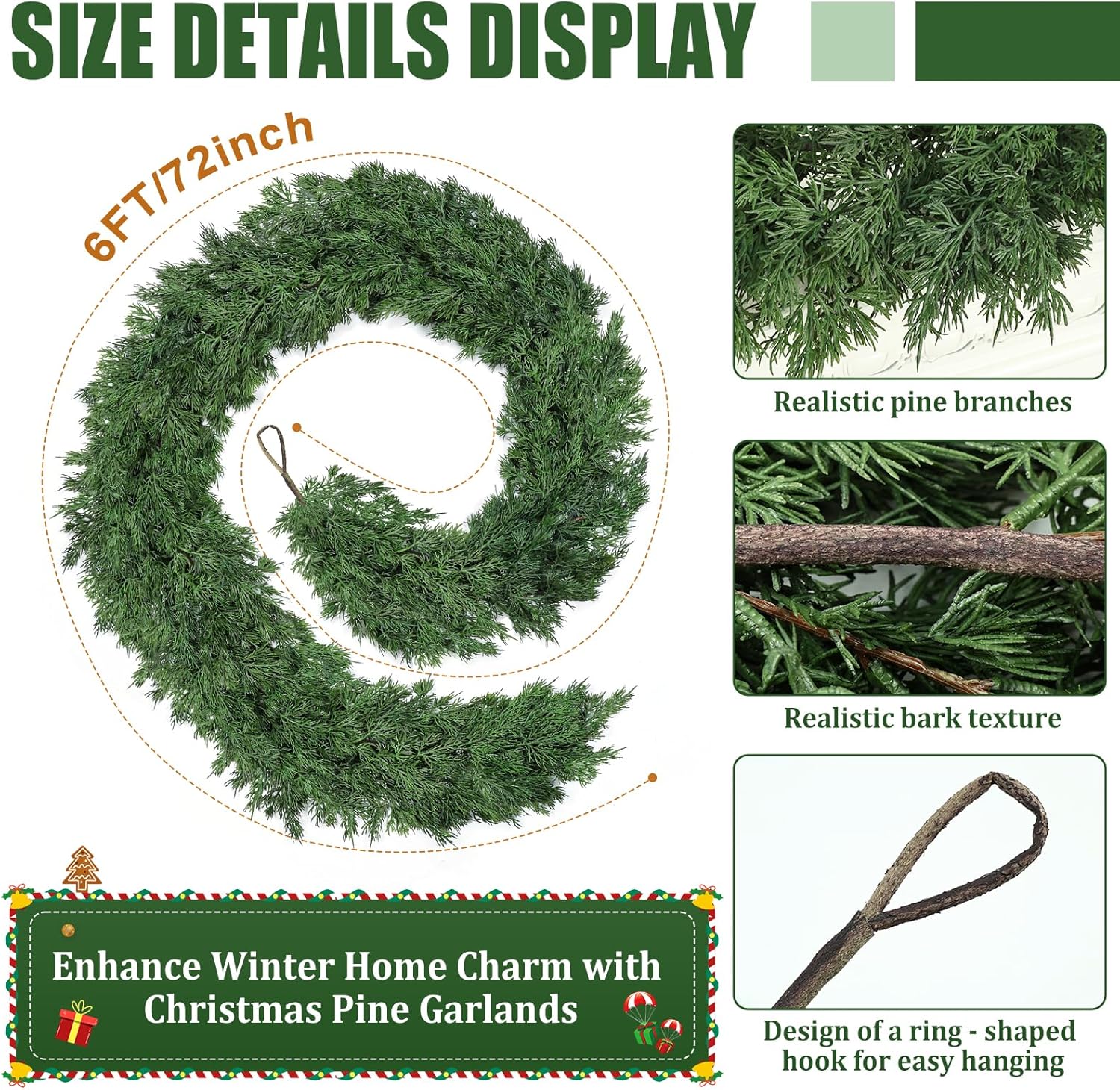 6ft Christmas Cedar Garland, Real Touch Pine Garland, Realistic Cypress Garlands Christmas Decorations for Mantel, Table, Stairs, Porch - Indoor Outdoor Xmas Holiday Decor