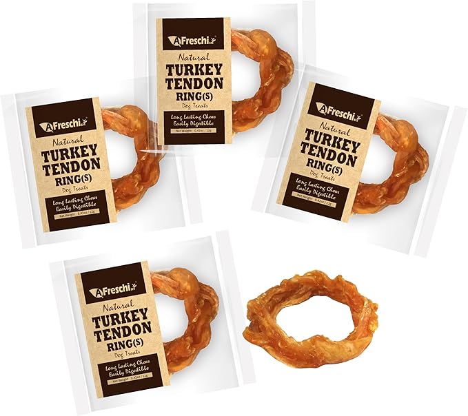 Afreschi Turkey Tendon for Dogs, Dog Treats for Signature Series, All Natural Human Grade Puppy Chew, Ingredient Sourced from USA, Hypoallergenic, Rawhide alternative, 4 Units/Pack Ring (Small)-PawvioPets