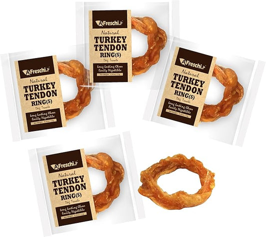 Afreschi Turkey Tendon for Dogs, Dog Treats for Signature Series, All Natural Human Grade Puppy Chew, Ingredient Sourced from USA, Hypoallergenic, Rawhide alternative, 4 Units/Pack Ring (Small)-PawvioPets