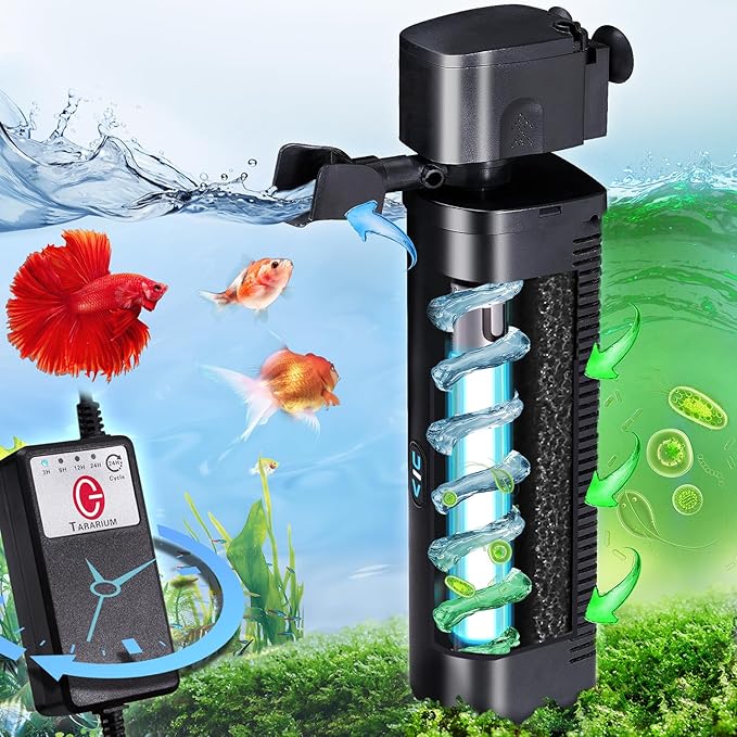 Aquarium U-V Filter 290GPH w/ Scientific Timer for 40-150 Gallon Fish Turtle Tank Internal Filter Bio Sponge Submersible Power Pump w/ Aeration Deodorization Saltwater Freshwater Green Clean Machine-PawvioPets