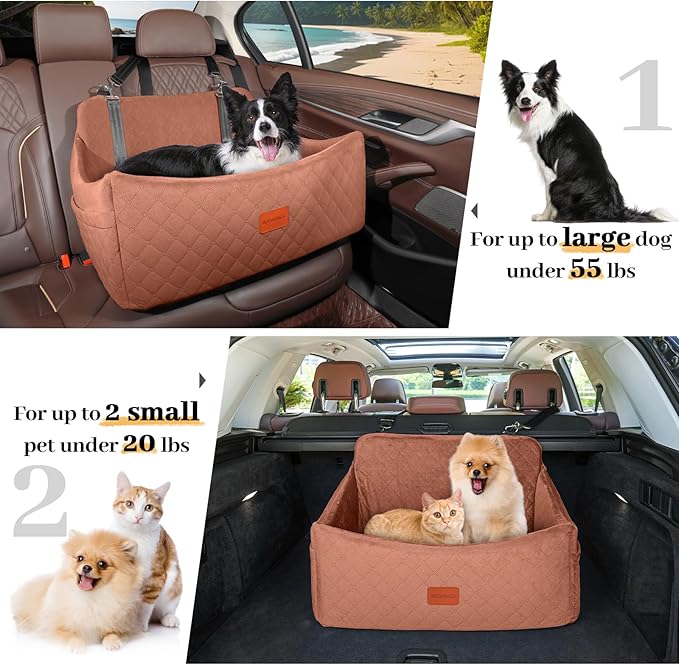 Dog Car Seat for Medium & Large Dogs Up to 55lbs, Memory Foam Cushion, Washable Cover, Safety Straps & Non-Slip Base (Brown, Large)-PawvioPets