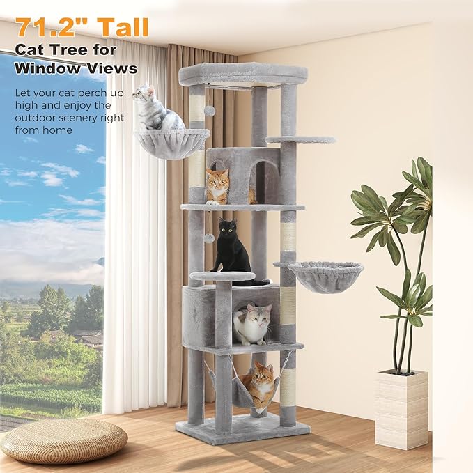 71.2" Tall Cat Tree for Indoor Cats - 9-Level Multi-Cat Tower w/5 Sisal Scratching Posts, 2 Condos, 3 Hammocks, Perch & Pom Poms - Heavy-Duty for Adult Cats, Space-Saving Plush Gray-PawvioPets