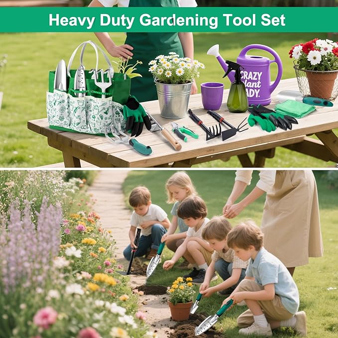 Garden Tool Set for Women, 12pcs Heavy Duty Gardening Tools, Cute Gardening Supplies Gifts for Women Mom, Garden Hand Tools with Fashion Organizer Handbag, Garden Tools for Gardening, Planting, Green-PawvioPets