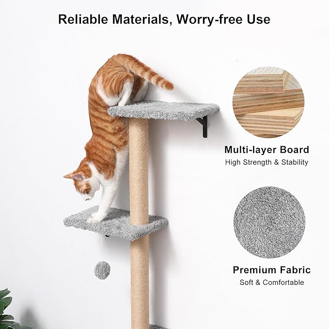 FUKUMARU Cat Wall Shelves, Stable & Safe 4 in 1 Cat Furniture Set, Wooden Climbing Wall with Scratching Post for 16 Inch Drywall - Light Gray-PawvioPets