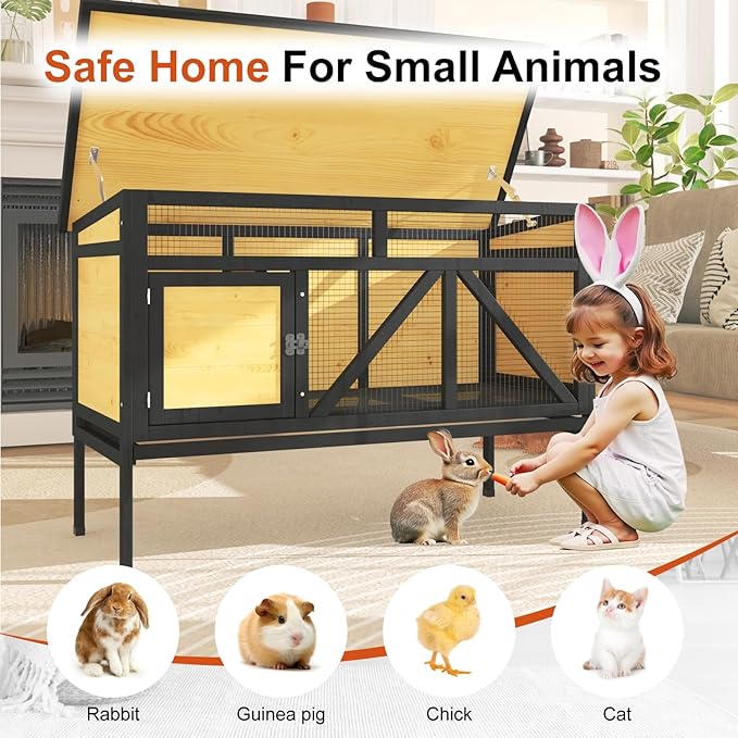 46.7" Rabbit Cage Elevated Bunny Cage Indoor, Outdoor Rabbit Hutch Hamster Cages for Small Animals, Wooden Guinea Pig Cages with Removable Tray & Waterproof Asphalt Roof & Bottom Wire Mesh-PawvioPets